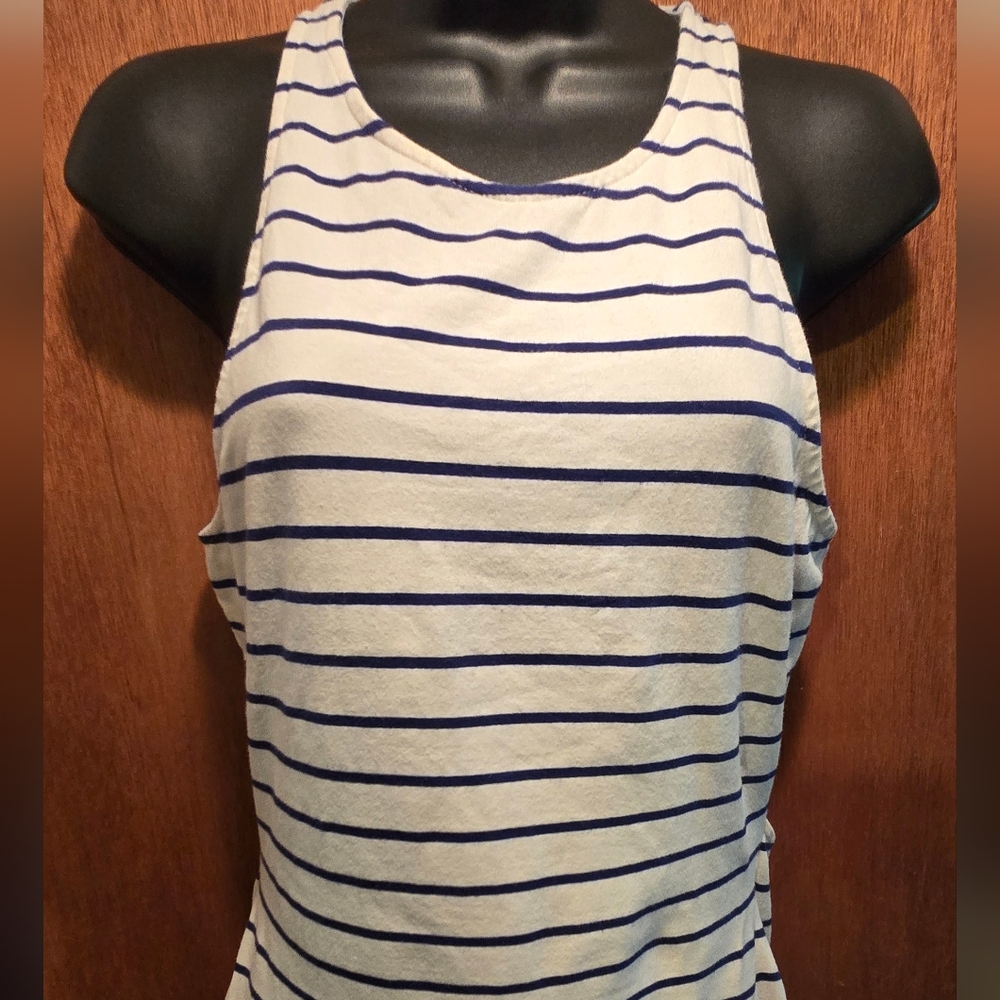 Roxy Blue & White Striped Stretchy Midi Dress SzL - Picture 3 of 8